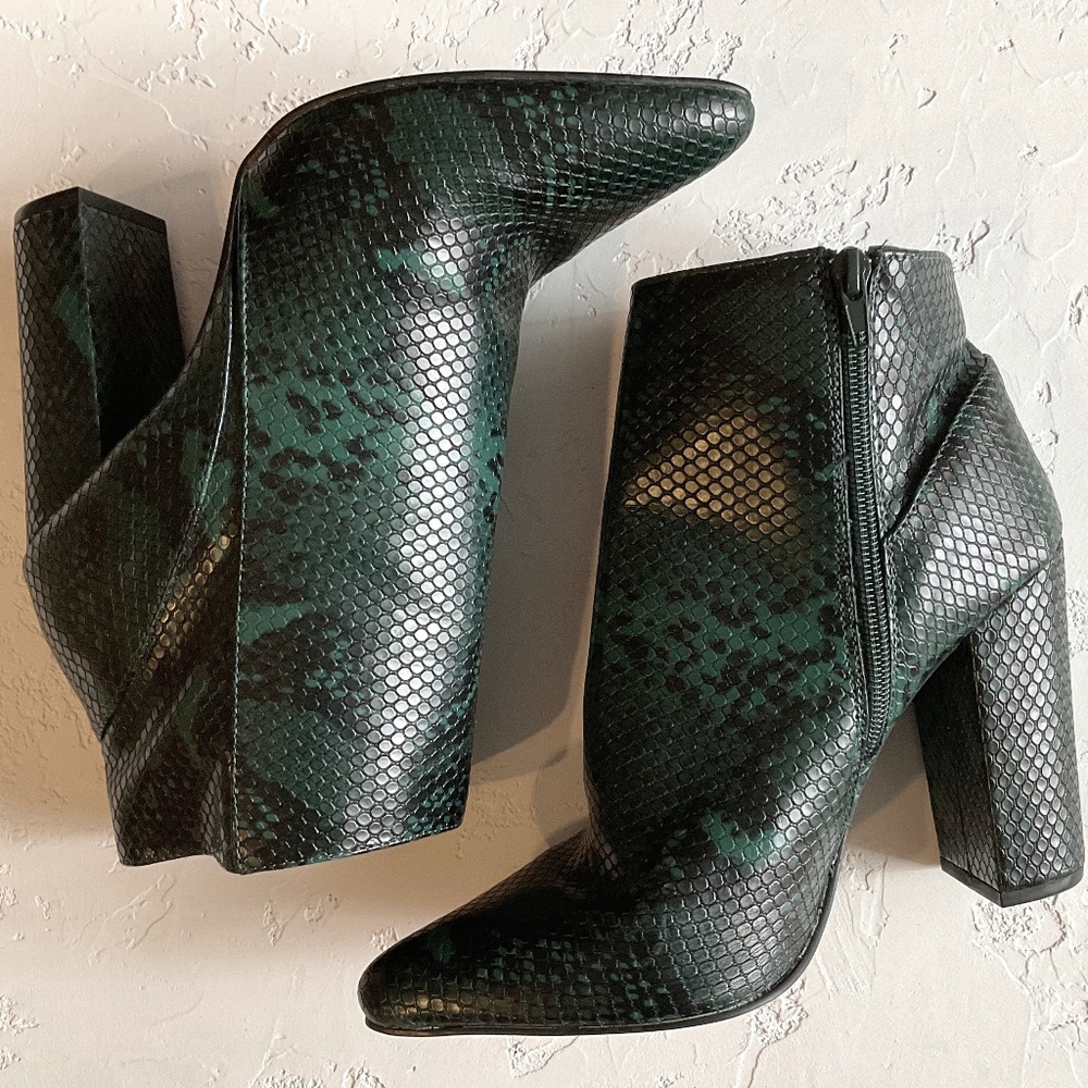Faux teal snakeskin booties